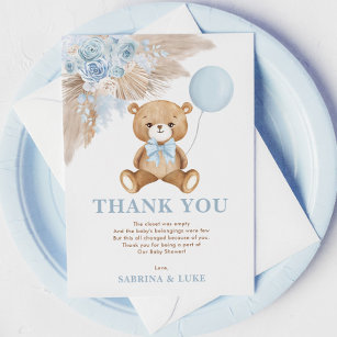Dusty Blue Teddy Bear Balloon Babydusche Dankeskarte
