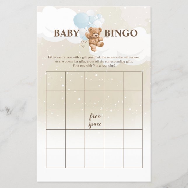 Dusty Blue Teddy Bear BINGO Baby Showspiele Flyer (Vorne)
