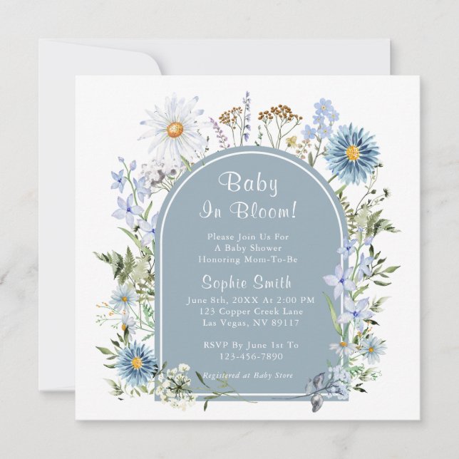 Dusty Blue Tee Party Baby in Bloom Baby Dusche Einladung (Vorderseite)