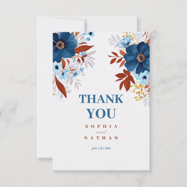 Dusty Blue & Terracotta Floral Wedding Vielen Dank Dankeskarte (Vorderseite)