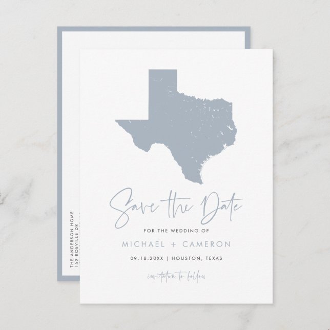 Dusty Blue Texas Staat Karte QR-Code Save the Date (Vorne/Hinten)