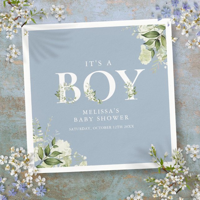 Dusty Blue The a Boy Greenerity Letter Baby Dusche Serviette (Dusty Blue Its A Boy Greenery Letter Baby Shower Napkins)