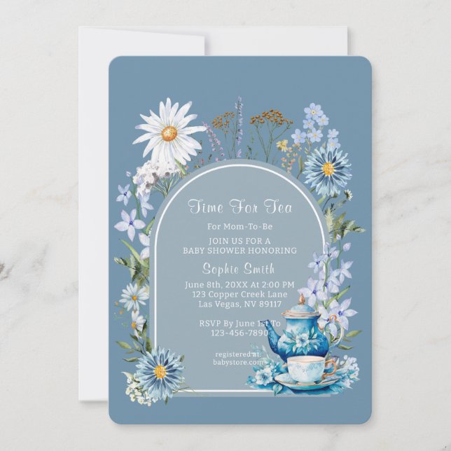 Dusty Blue Time for Tea Baby Dusche Einladung (Vorderseite)