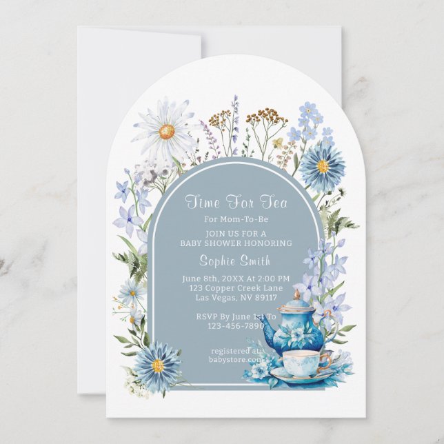 Dusty Blue Time for Tea Boho Garden Baby Show Einladung (Vorderseite)