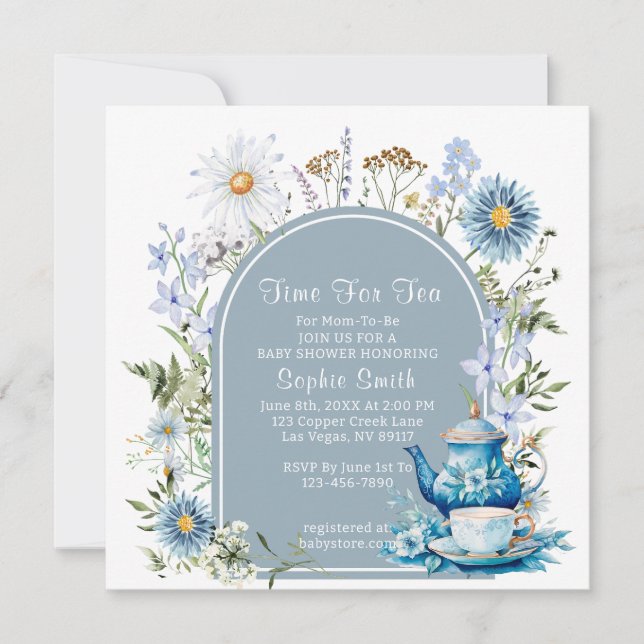Dusty Blue Time for Tea Boho Garden Baby Show Einladung (Vorderseite)