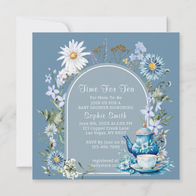 Dusty Blue Time for Tee Wildblume Baby Shower Einladung (Vorderseite)