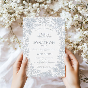 Dusty Blue Toile De Jouy Border QR Code Wedding Einladung