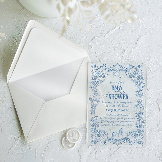 Dusty Blue Toile Floral Bow Baby Boy Dusche Acryleinladungen (Von Creator hochgeladen)