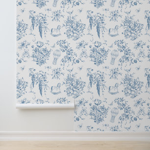 Dusty Blue Toile Teddy Bär Eleganter Klassiker Tapete