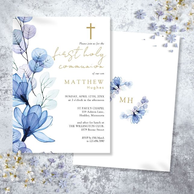 Dusty Blue Transparent Floral First Holy Communion Einladung (Dusty Blue Transparent Floral First Holy Communion Invitation)