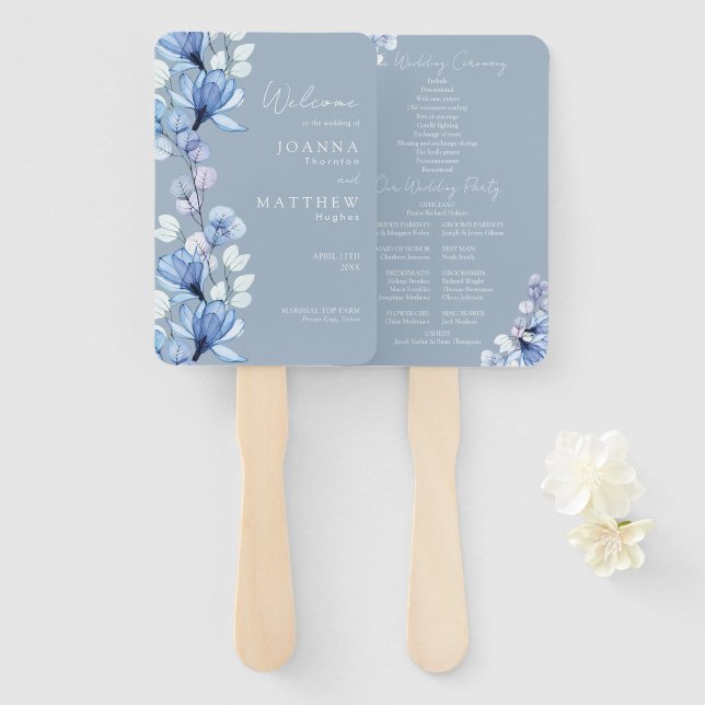 Dusty Blue Transparent Floral Wedding Program Fächer (Vorne und Hinten)