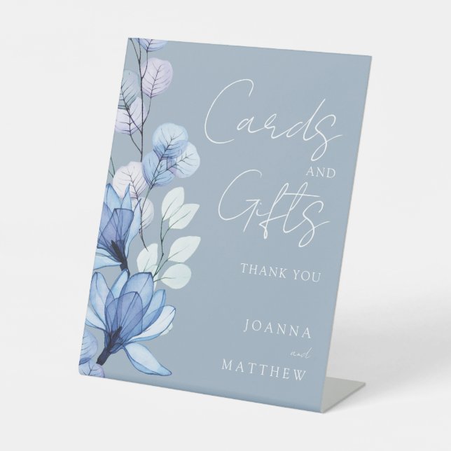 Dusty Blue Transparente Blumenkarten und Geschenke Sockelschild (Vorderseite)