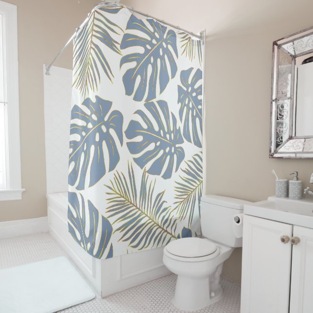 Dusty blue tropical leaves with gold outline duschvorhang (Beispiel)