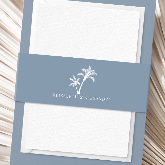 Dusty Blue Tropical Palm Tree Beach Hochzeit Einladungsbanderole (Von Creator hochgeladen)