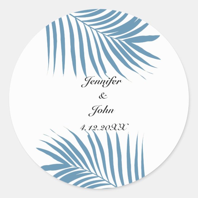 Dusty Blue Tropical Palm Tree Blätter Name Wedding Runder Aufkleber (Vorderseite)