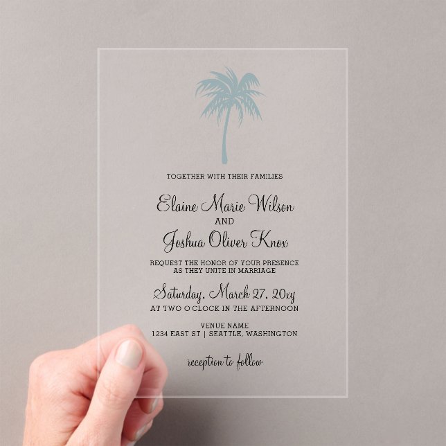 Dusty Blue Tropical Palm Tree Hochzeiten Einladung (Insitu (Handheld))
