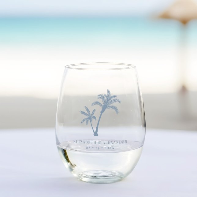 Dusty Blue Tropical Palm Trees Beach Hochzeit Weinglas Ohne Stiel (Von Creator hochgeladen)