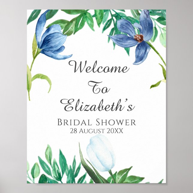 Dusty Blue Tulip Peony Brautparty Begrüßungszeiche Poster (Vorne)