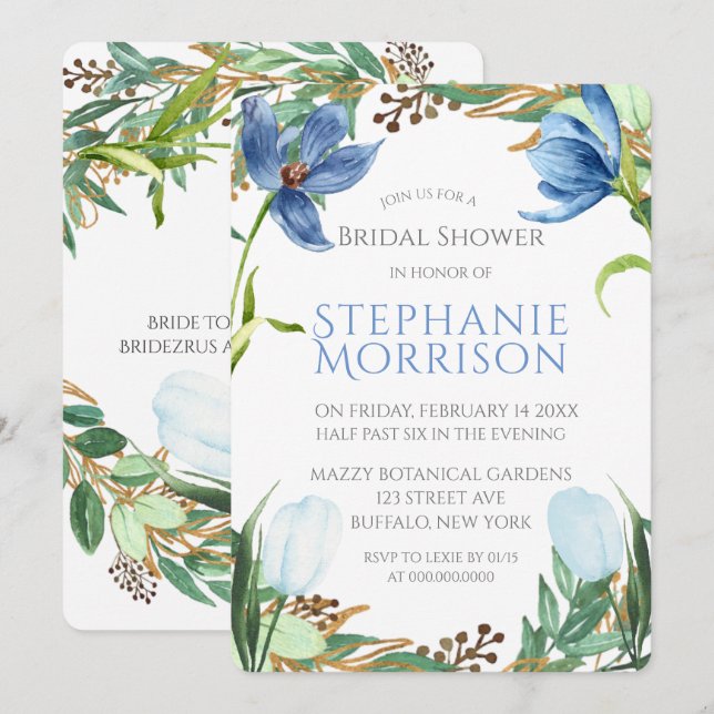 Dusty Blue Tulip Peony Bridal Einladungen (Vorne/Hinten)