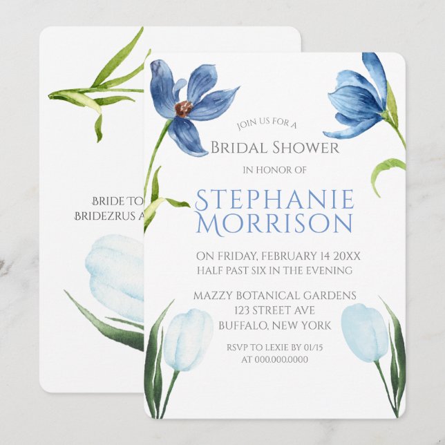 Dusty Blue Tulip Peony Bridal Einladungen (Vorne/Hinten)