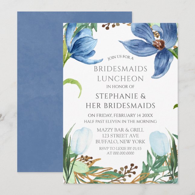 Dusty Blue Tulip Peony Bridesmaids Luncheon Einladung (Vorne/Hinten)