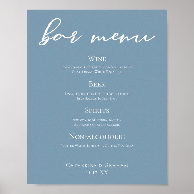 Dusty Blue Typografy Wedding Bar Menu Poster (Vorne)