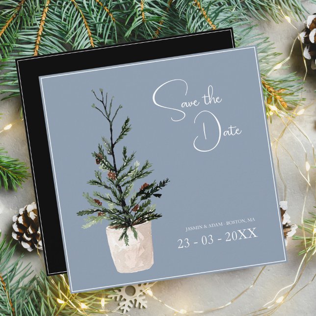 Dusty Blue und Black Christmas Tree Wedding Save The Date (Von Creator hochgeladen)