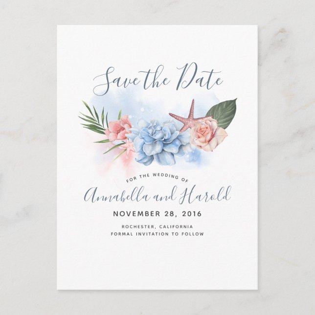 Dusty Blue und Blush Beach Save the Date Ankündigungspostkarte (Vorderseite)