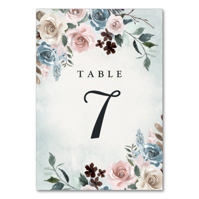 Dusty Blue und Blush Pink Mauve Floral Wedding Tischnummer (Vorderseite)