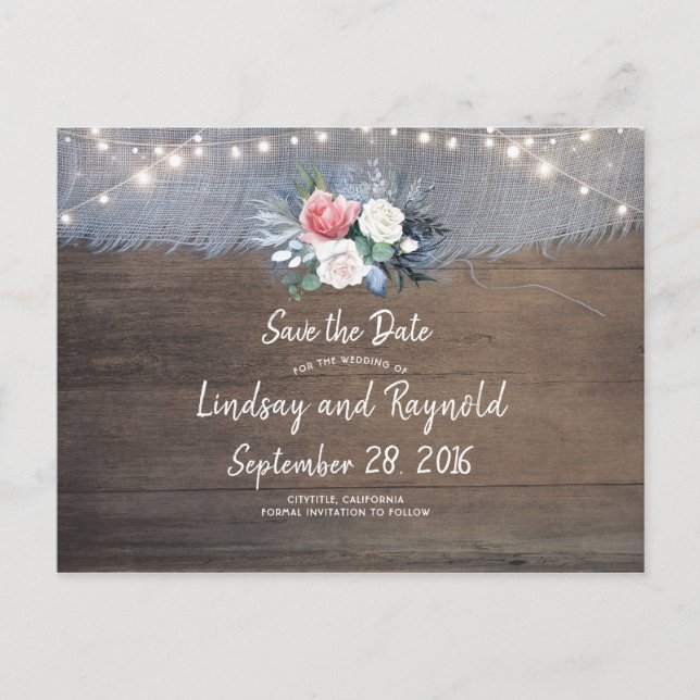 Dusty Blue und Blush Rustic Country Save the Date Ankündigungspostkarte (Vorderseite)