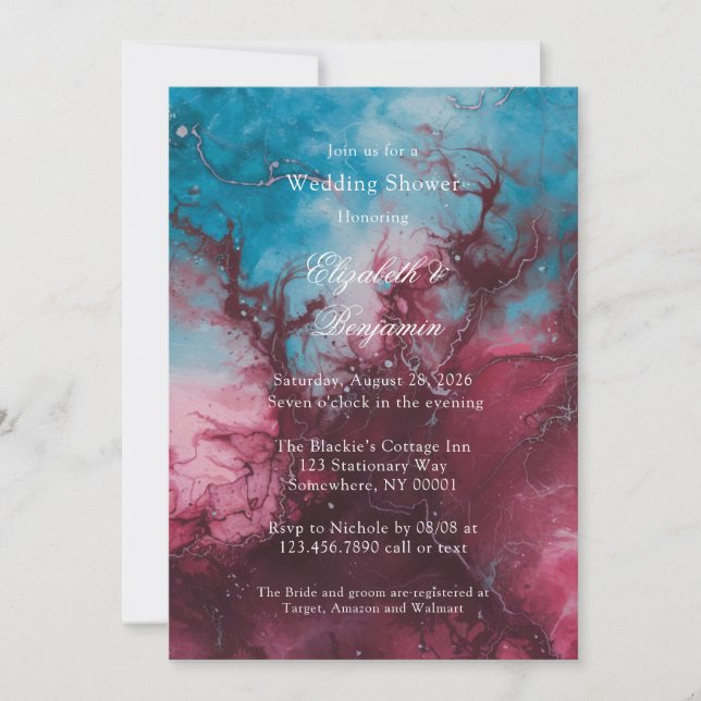 Dusty Blue und Burgund Alcohol Ink Polterabend Einladung (Vorderseite)