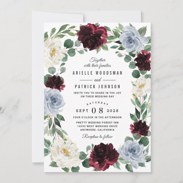 Dusty Blue und Burgund Cranberry Hochzeit im Herbs Einladung (Vorderseite)
