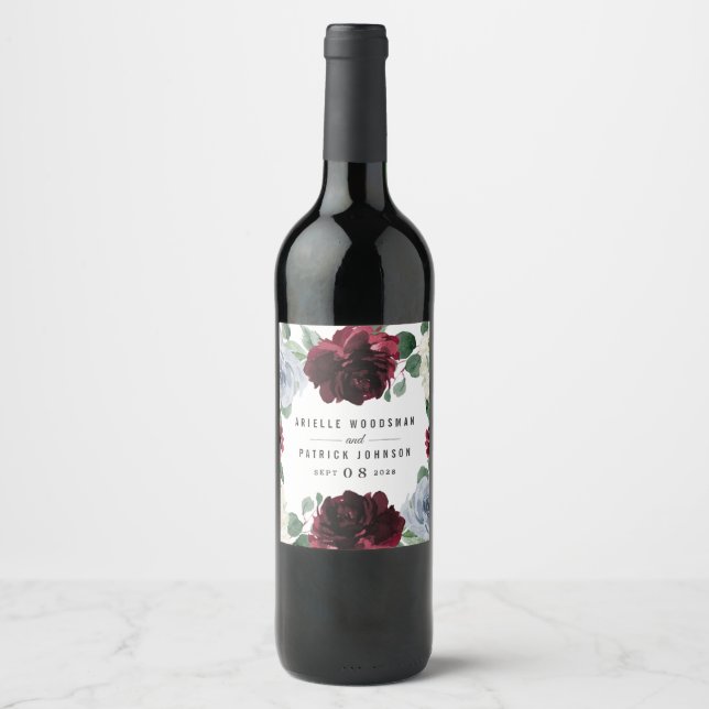 Dusty Blue und Burgund Cranberry Hochzeit im Herbs Weinetikett (Vorderseite)