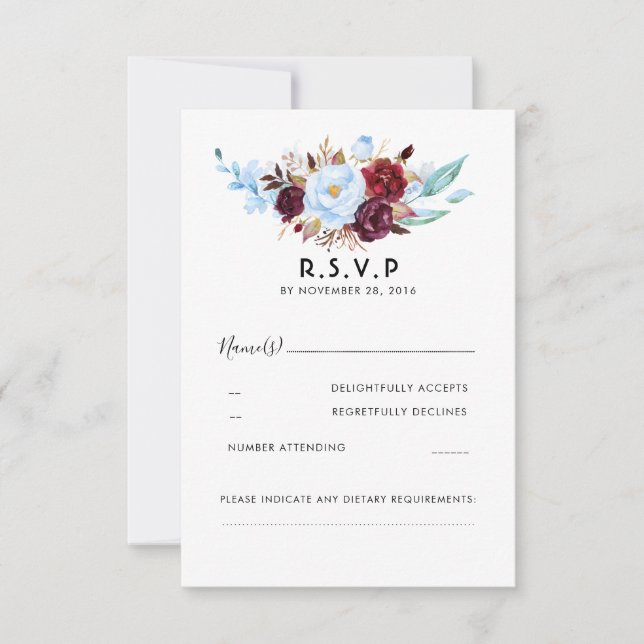 Dusty Blue und Burgund Floral Wedding RSVP (Vorderseite)