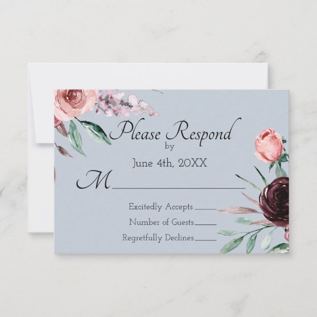 Dusty Blue und Burgund Floral Wedding RSVP (Vorderseite)