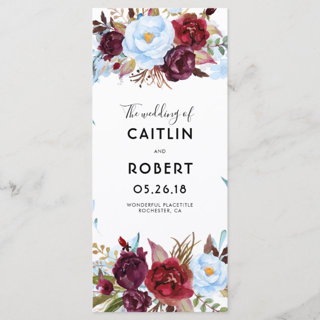 Dusty Blue und Burgund Floral Weddings Programme (Vorderseite)