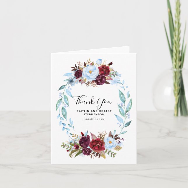 Dusty Blue und Burgund Red Blume Dankeskarte (Vorderseite)