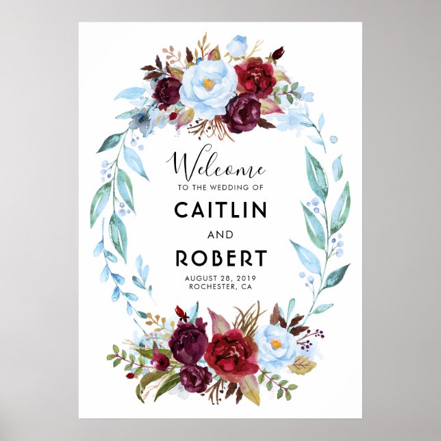 Dusty Blue und Burgund Red Blume Poster (Vorne)