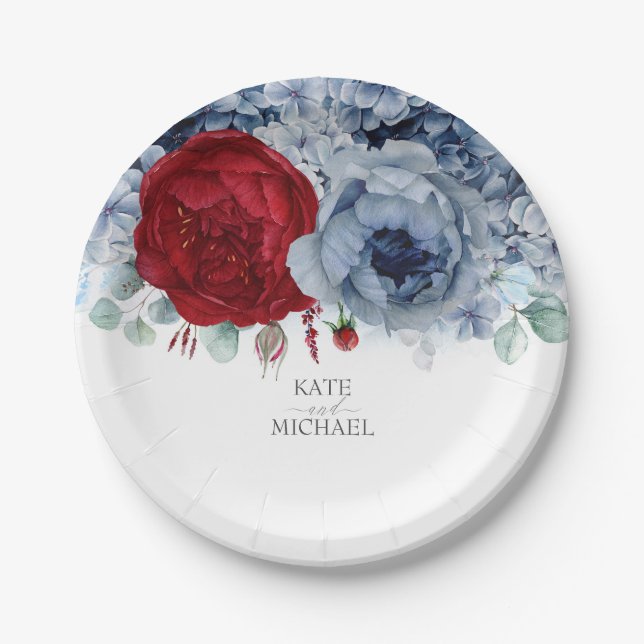 Dusty Blue und Burgund Red Floral Elegant Pappteller (Vorderseite)