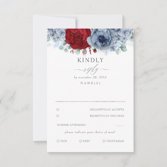 Dusty Blue und Burgund Red Floral Wedding RSVP (Vorderseite)
