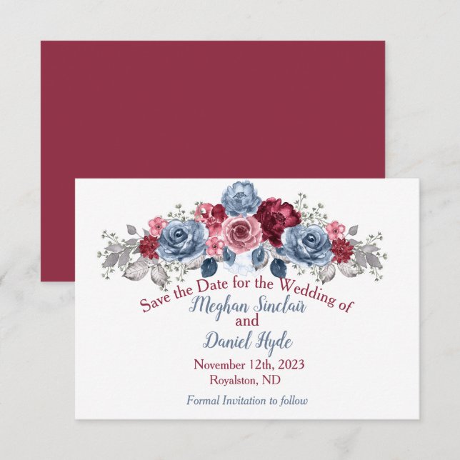 Dusty Blue und Burgund Wedding speichern das Datum Save The Date (Vorne/Hinten)