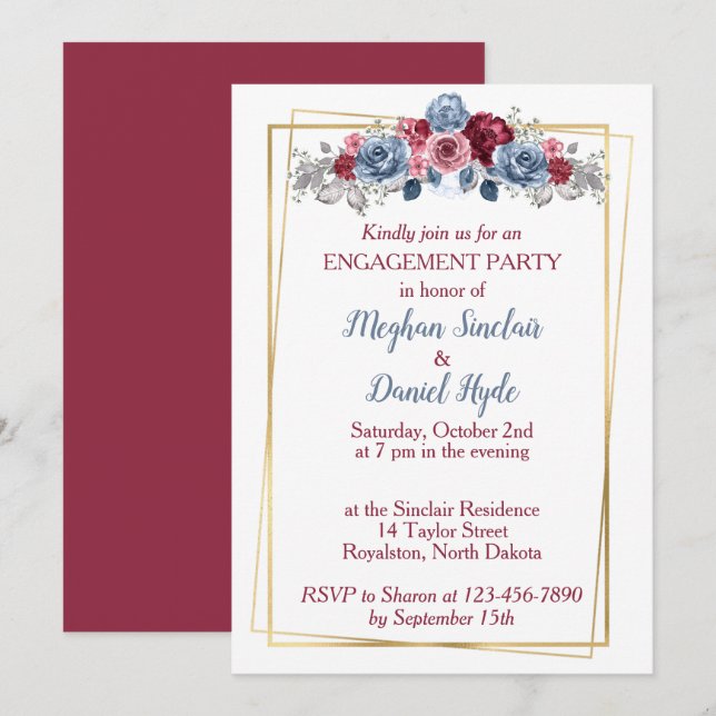Dusty Blue und Burgundy Engagement Party Einladung (Vorne/Hinten)
