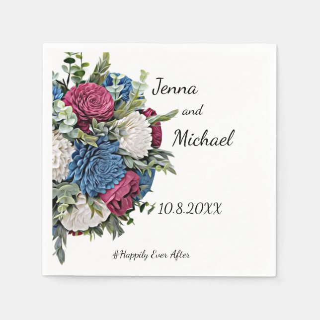 Dusty Blue und Burgundy Floral Napkin Serviette (Vorderseite)