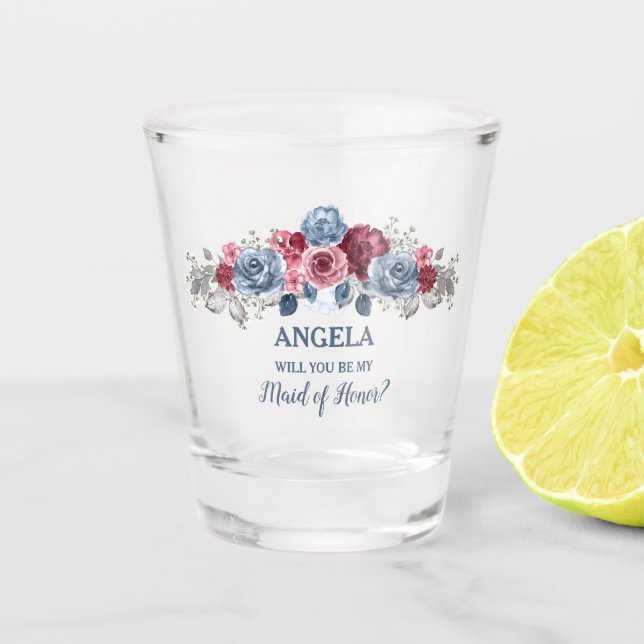 Dusty Blue und Burgundy meine Trauzeugin? Schnapsglas (Vorderseite)