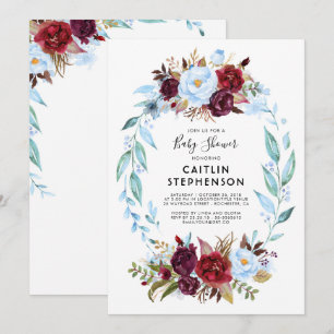 Dusty Blue und Burgundy Red Blume Kinderdusche Einladung