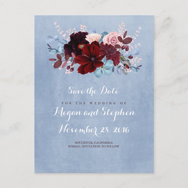 Dusty Blue und Burgundy Save the Date Ankündigungspostkarte (Vorderseite)