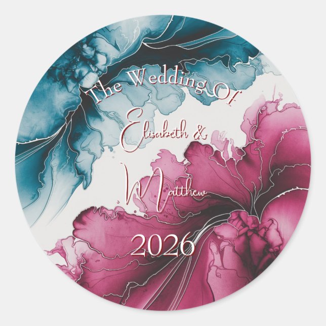 Dusty Blue und Burgundy Swirl Wedding Runder Aufkleber (Vorderseite)