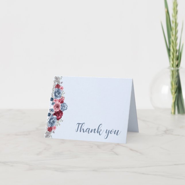 Dusty Blue und Burgundy Wedding Dankeskarte (Vorderseite)