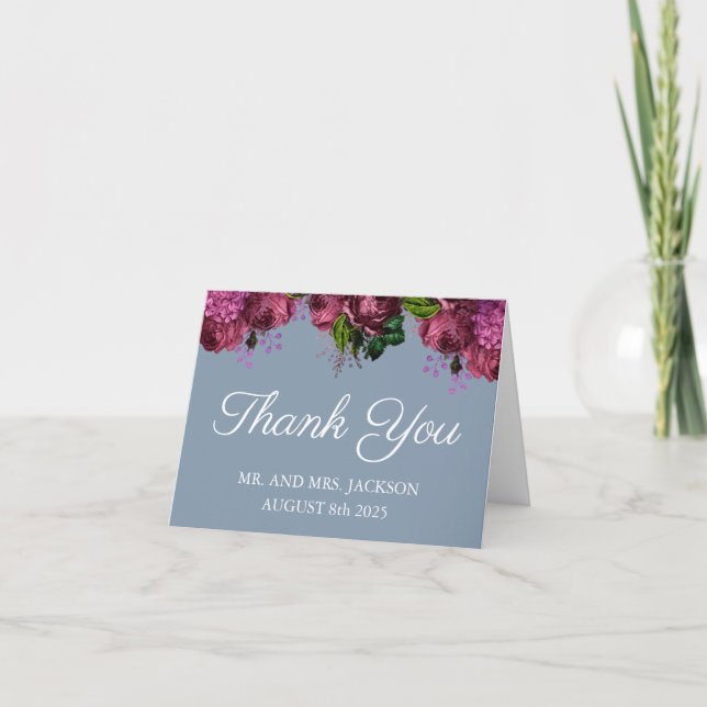 Dusty Blue und Cranberry Burgundy Wedding Dankeskarte (Vorderseite)