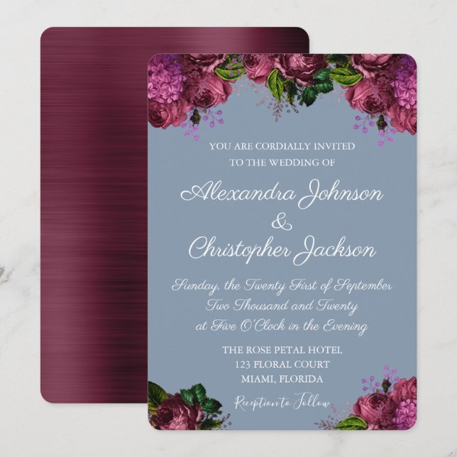 Dusty Blue und Cranberry Burgundy Wedding Einladung (Vorne/Hinten)